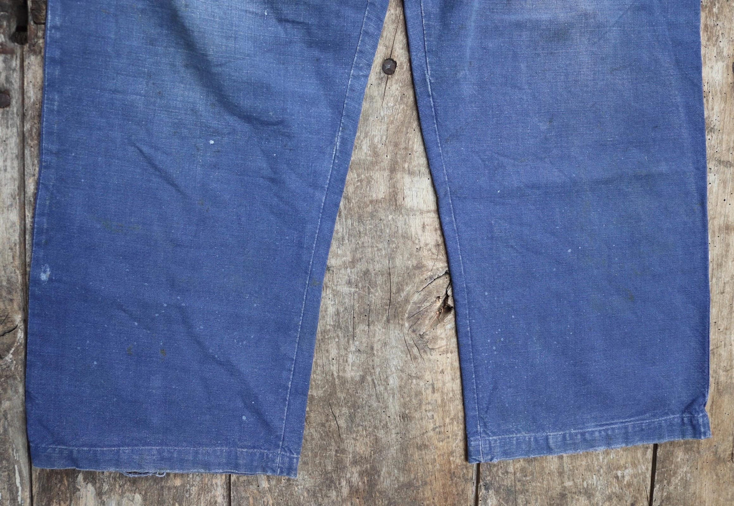 Vintage French workwear trousers - 1930s chore pants - sun faded blue cotton - 34” x 27”