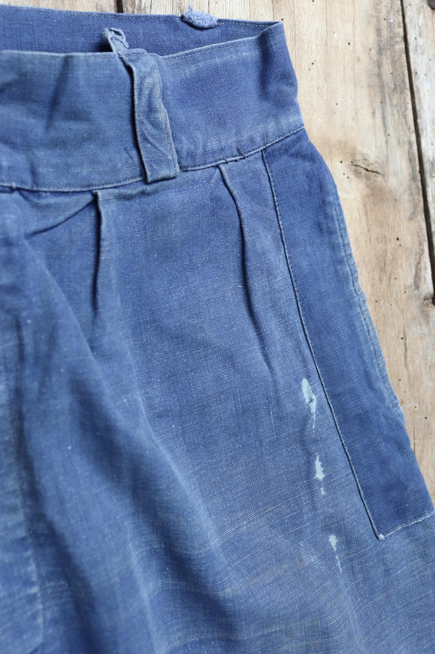 Vintage French workwear trousers - 1930s chore pants - sun faded blue cotton - 34” x 27”