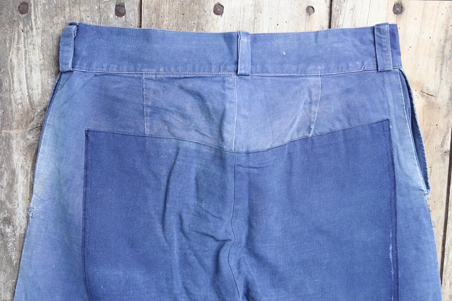 Vintage French workwear trousers - 1930s chore pants - sun faded blue cotton - 34” x 27”