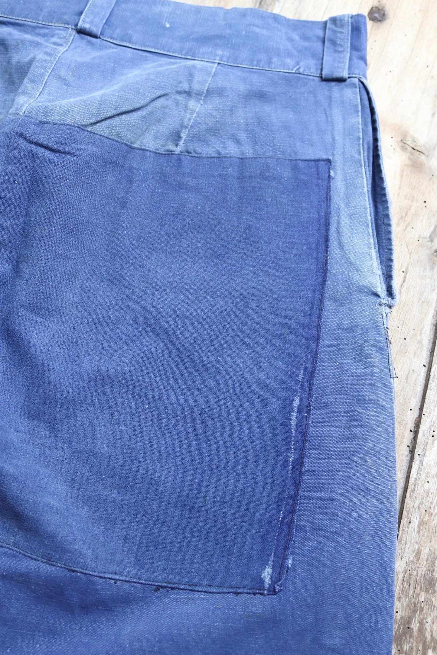 Vintage French workwear trousers - 1930s chore pants - sun faded blue cotton - 34” x 27”