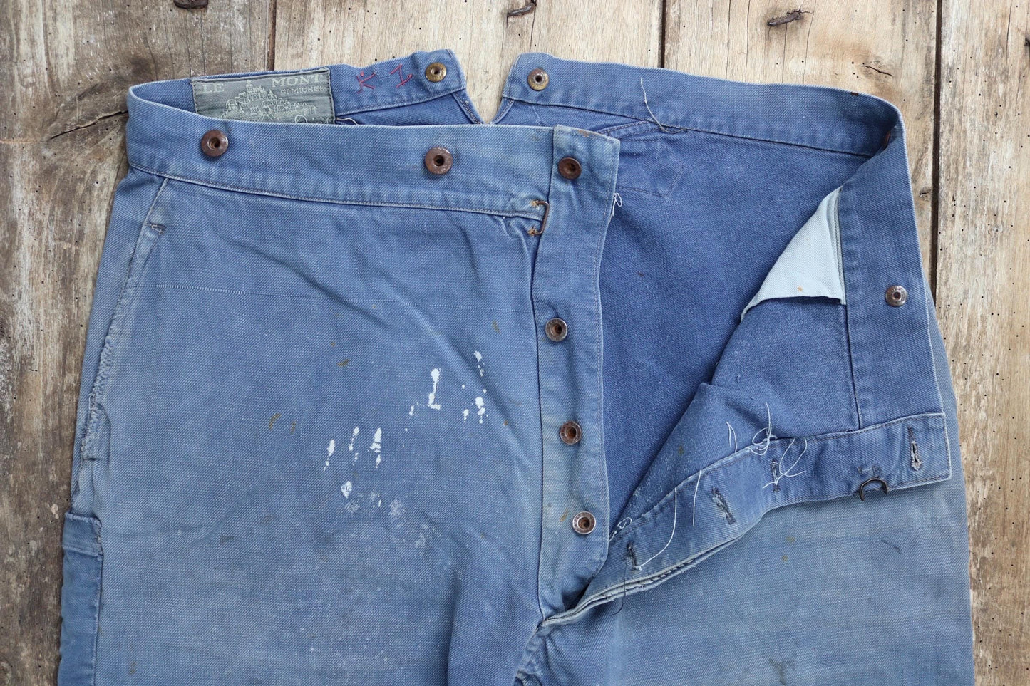 Vintage 1930s French workwear trousers - Le Mont St Michel chore pants - blue cotton twill - buckle back - 38” x 27”