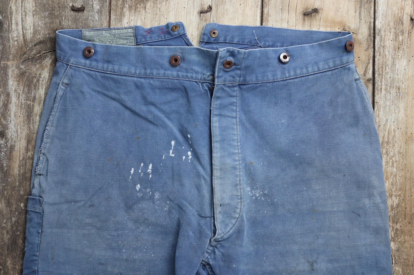Vintage 1930s French workwear trousers - Le Mont St Michel chore pants - blue cotton twill - buckle back - 38” x 27”