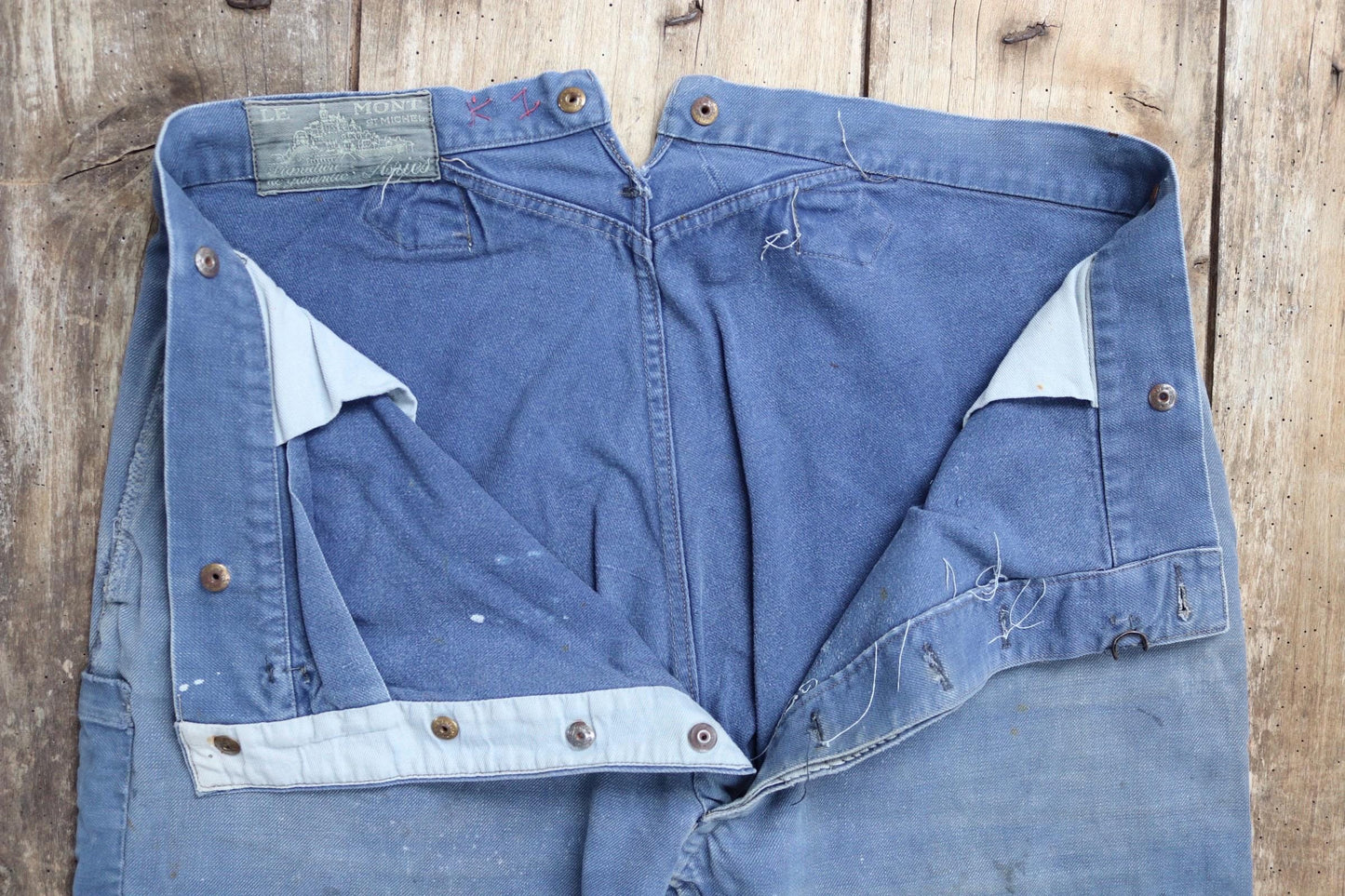 Vintage 1930s French workwear trousers - Le Mont St Michel chore pants - blue cotton twill - buckle back - 38” x 27”