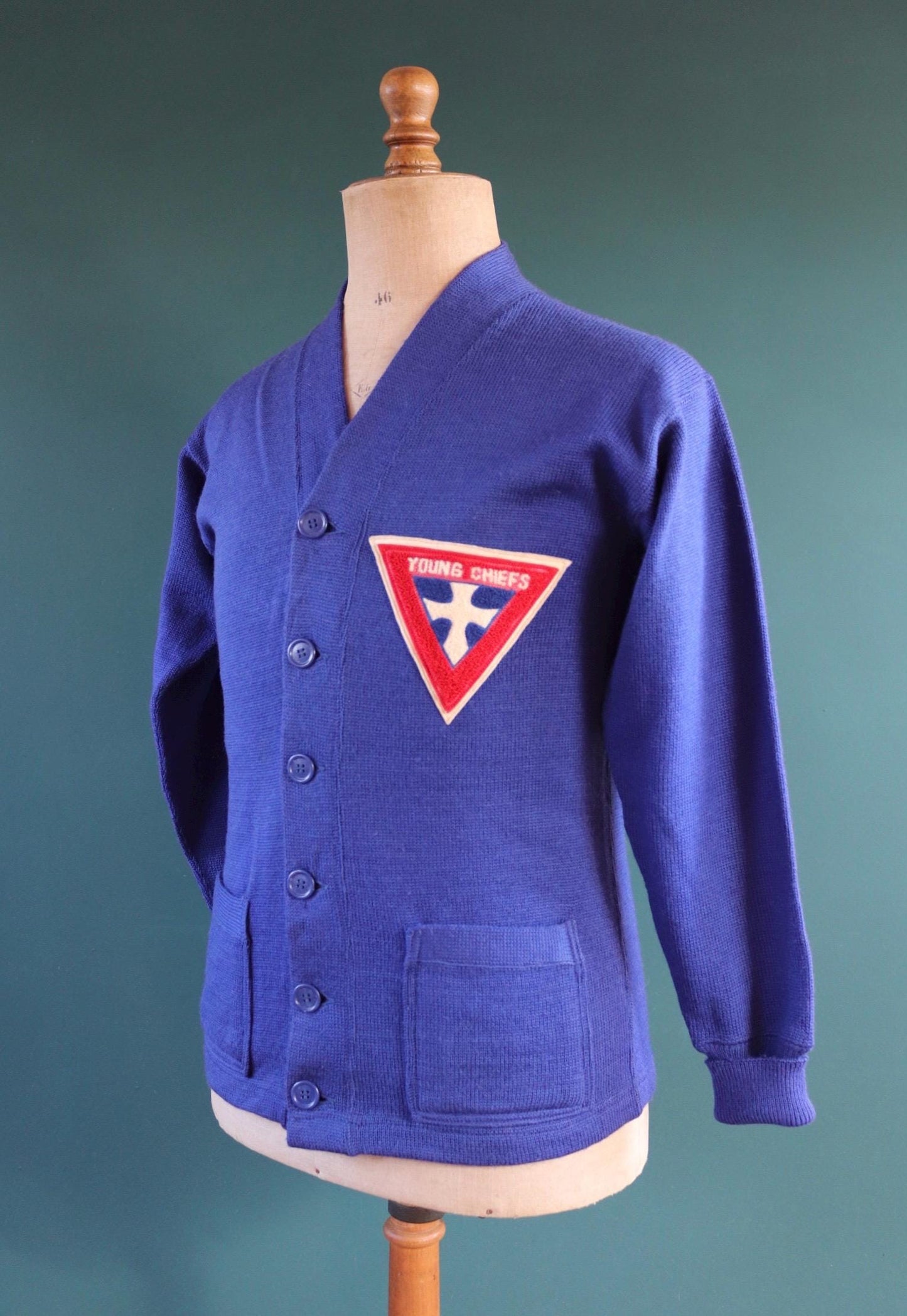 Vintage 1960s wool varsity sweater - knitted cardigan - chenille patch - 38” chest