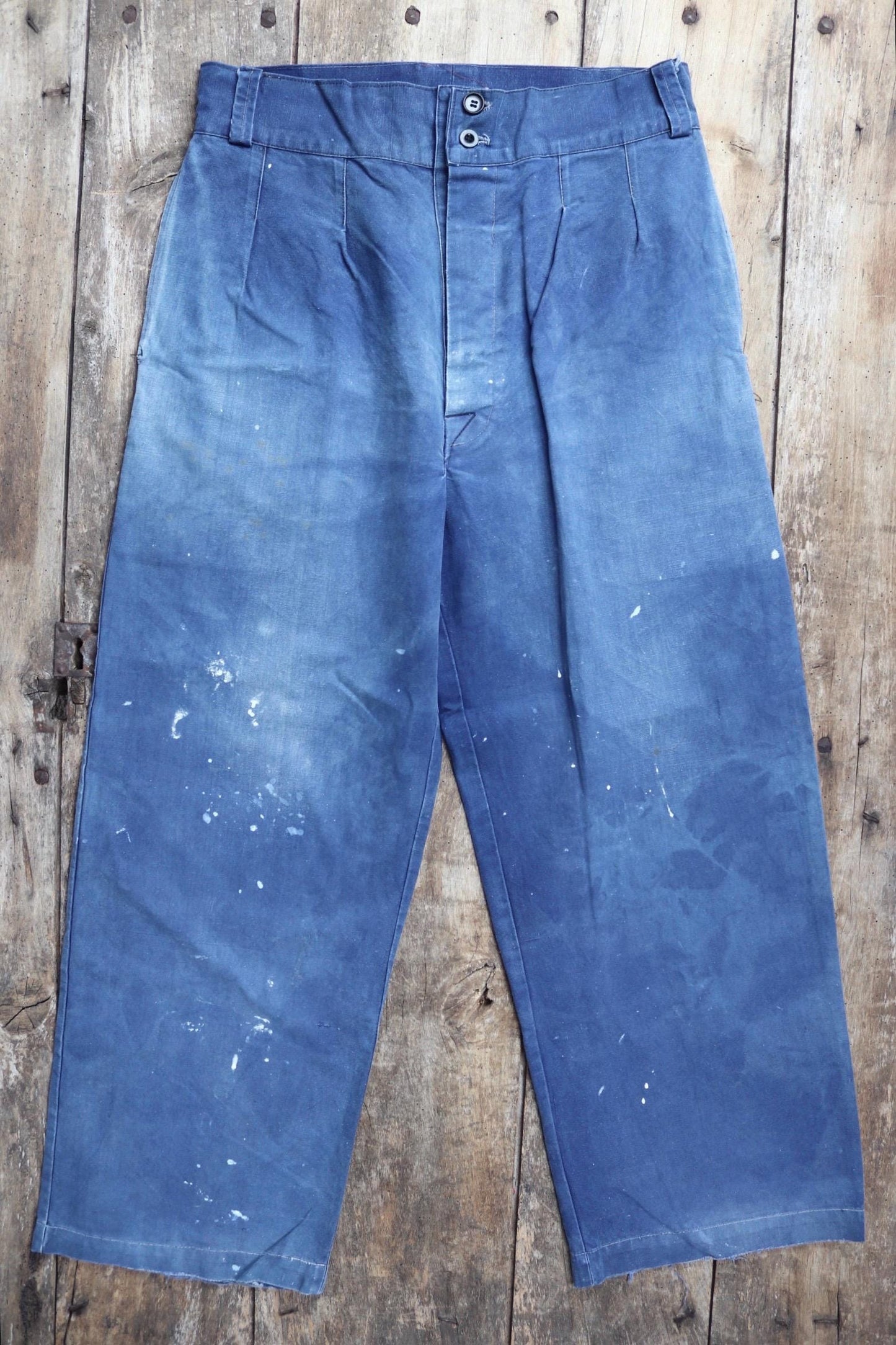 Vintage French workwear trousers - 1930s chore pants - sun faded blue cotton - 34” x 29”