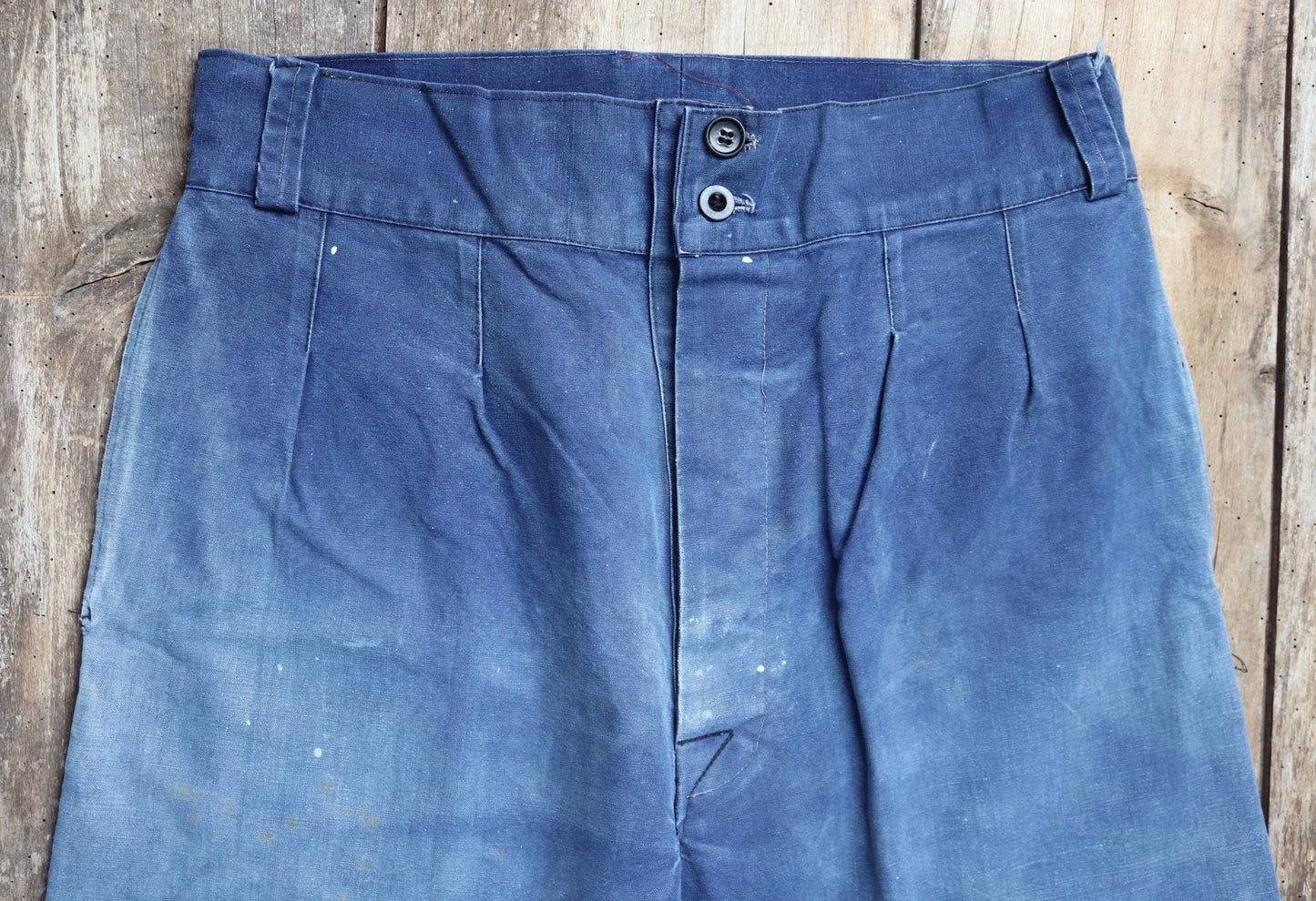 Vintage French workwear trousers - 1930s chore pants - sun faded blue cotton - 34” x 29”