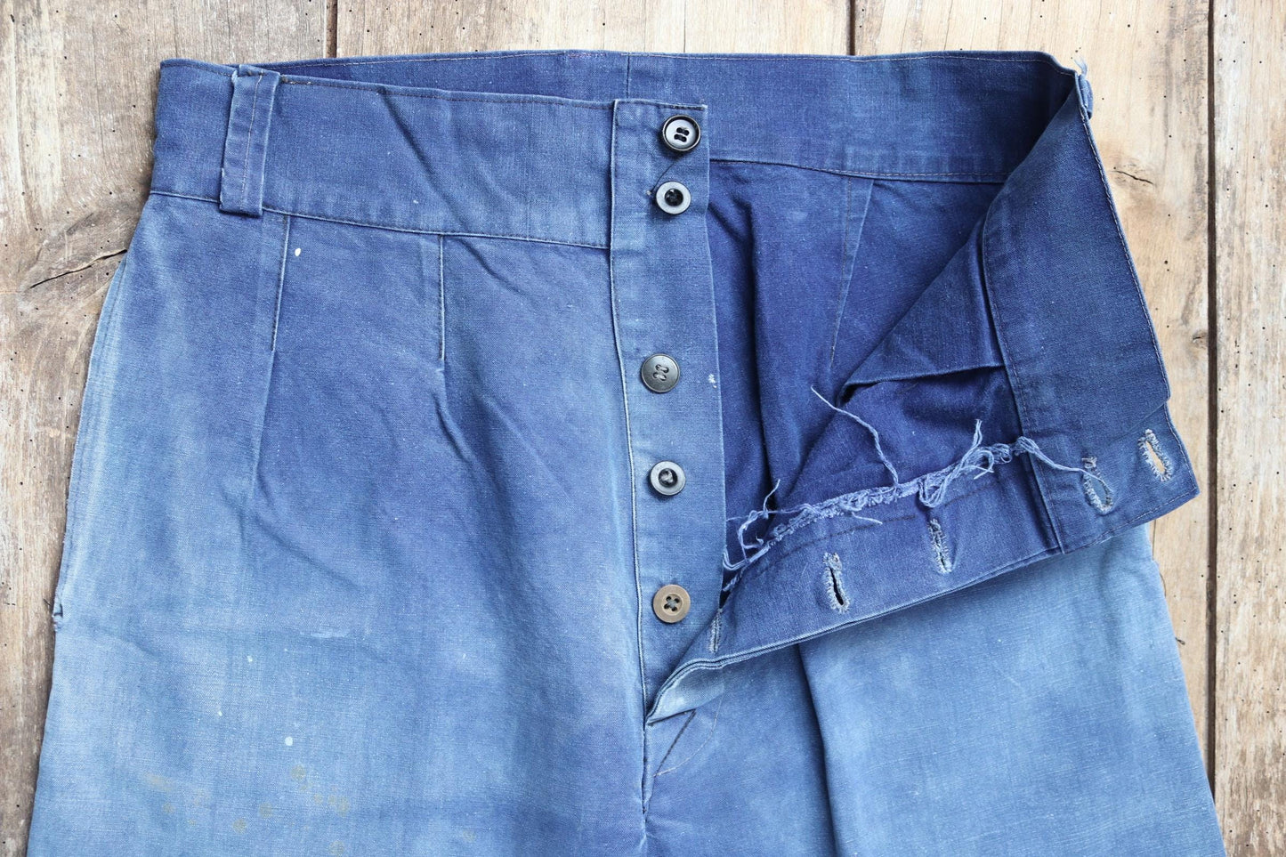 Vintage French workwear trousers - 1930s chore pants - sun faded blue cotton - 34” x 29”