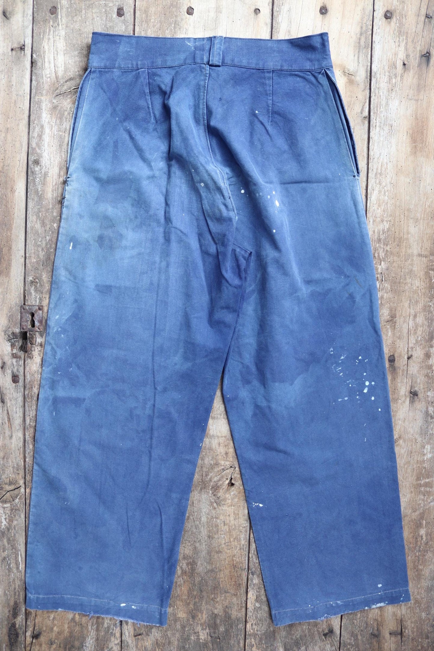 Vintage French workwear trousers - 1930s chore pants - sun faded blue cotton - 34” x 29”