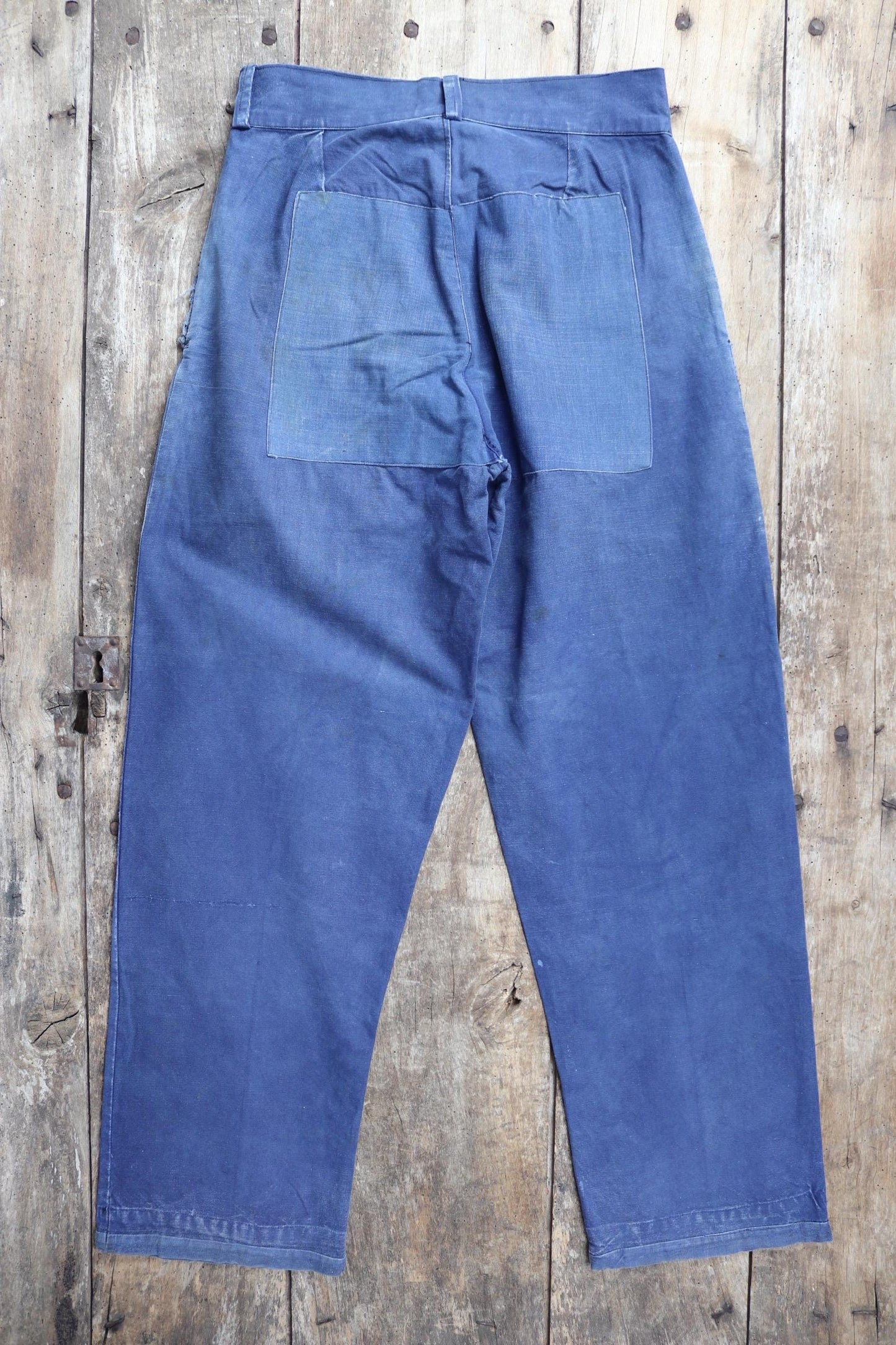Vintage French workwear trousers - 1950s chore pants - sun faded blue cotton - patched and repaired - 32” x 26”