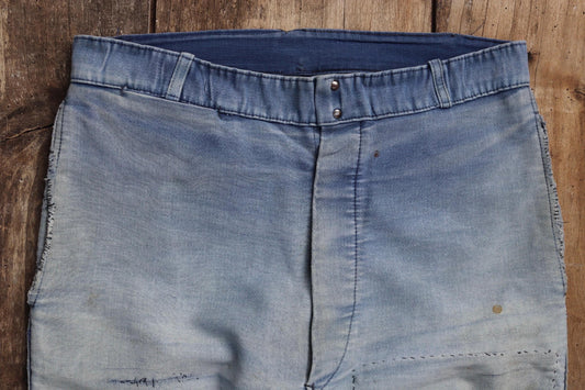 Vintage 1950s French workwear trousers - Le Mont St Michel chore pants - blue moleskin - darned and repaired - 31” x 25”