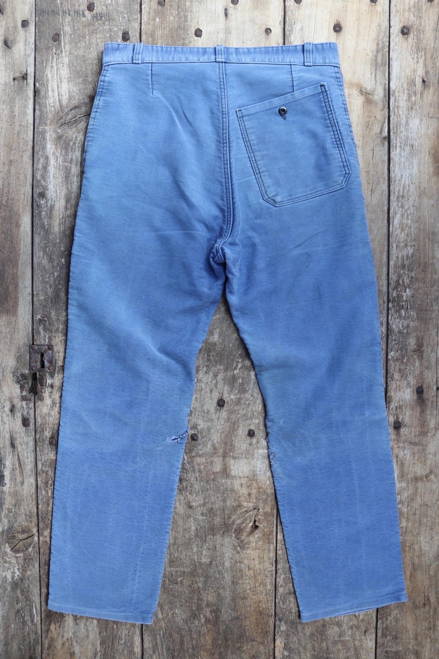 Vintage 1950s French workwear trousers - Le Mont St Michel chore pants - blue moleskin - darned and repaired - 31” x 27”