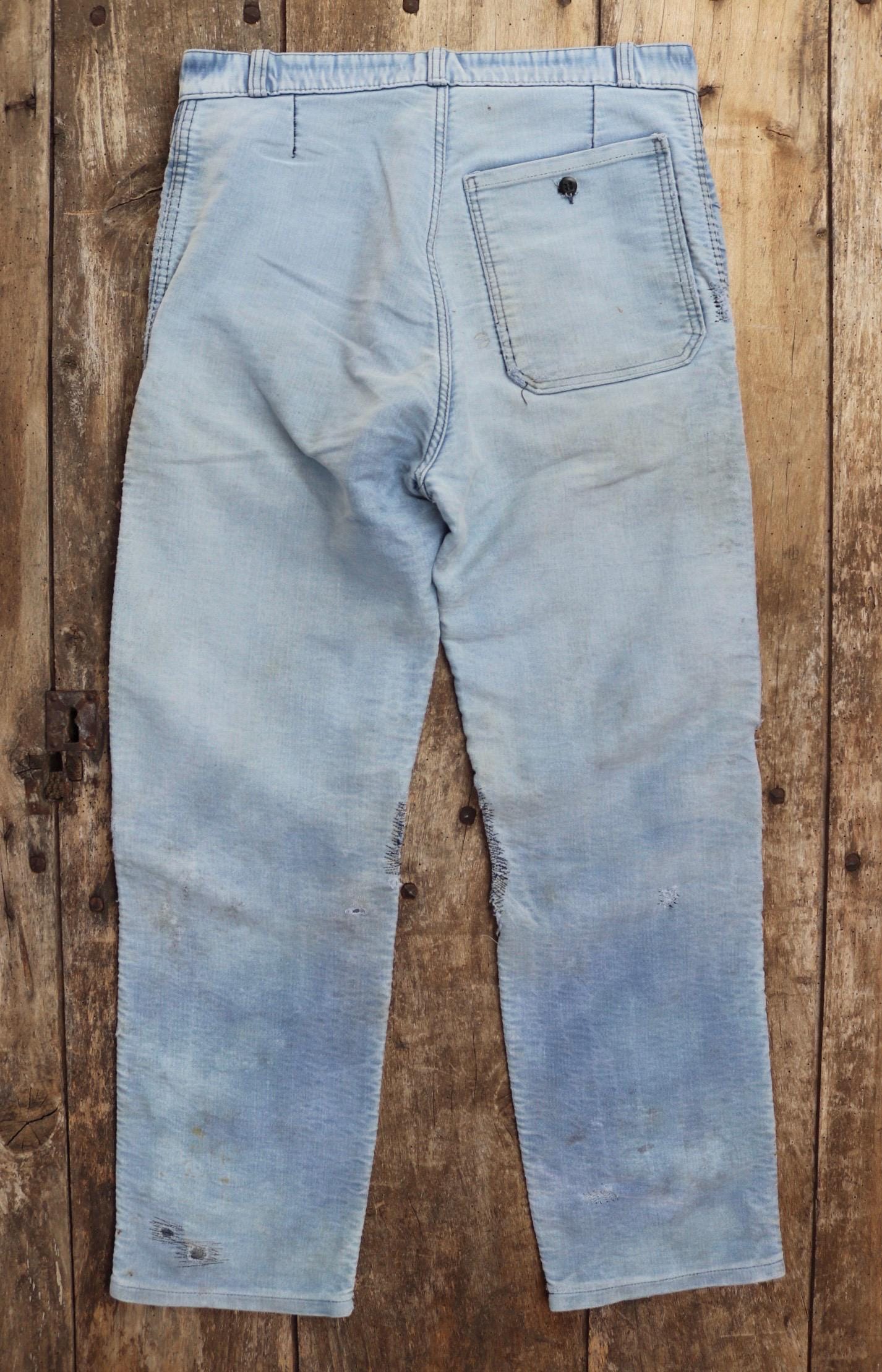 Vintage 1950s French workwear trousers - Le Mont St Michel chore pants - blue moleskin - darned and repaired - 31” x 28”