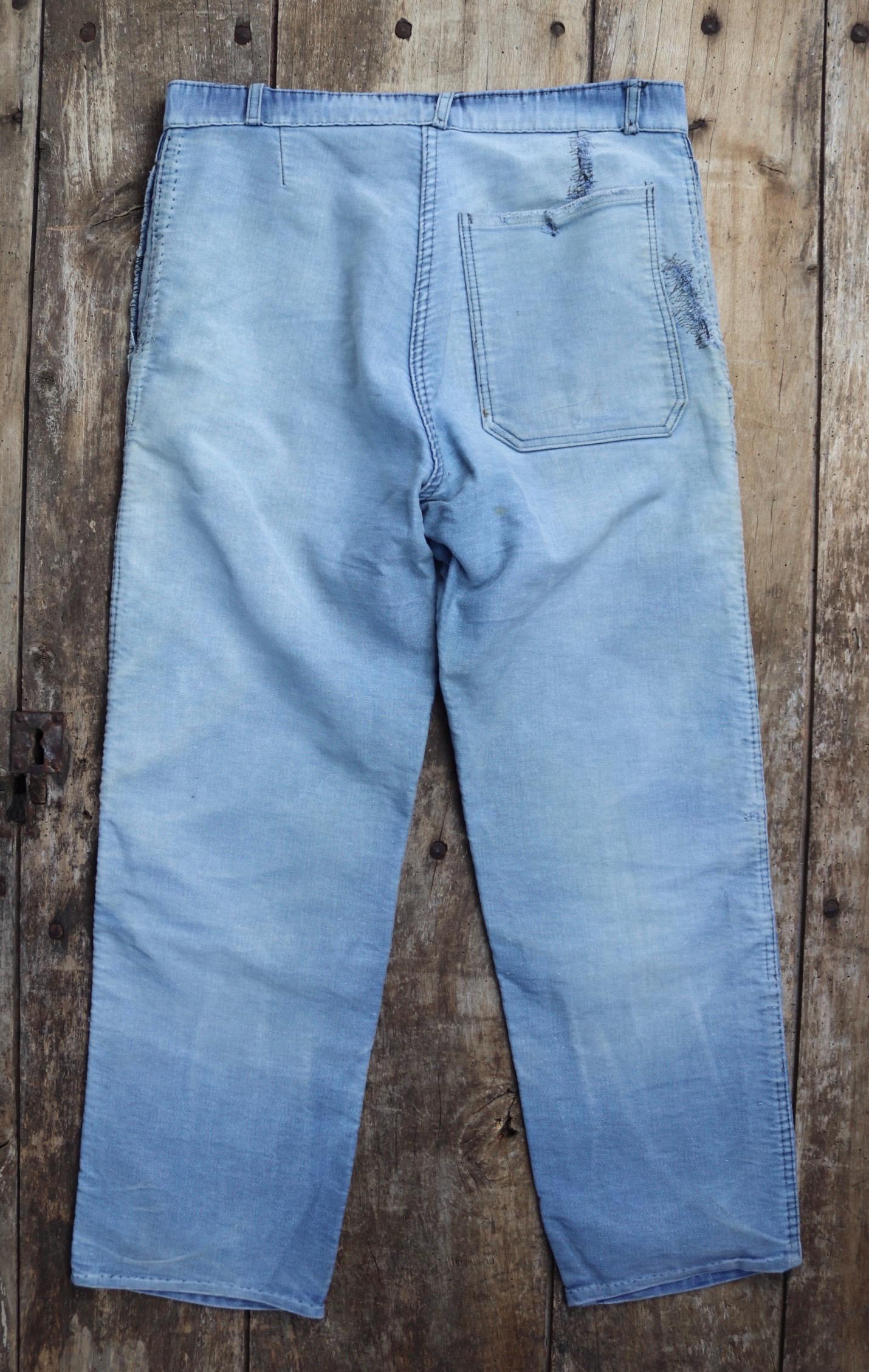 Vintage 1950s French workwear trousers - Le Mont St Michel chore pants - blue moleskin - darned and repaired - 31” x 25”