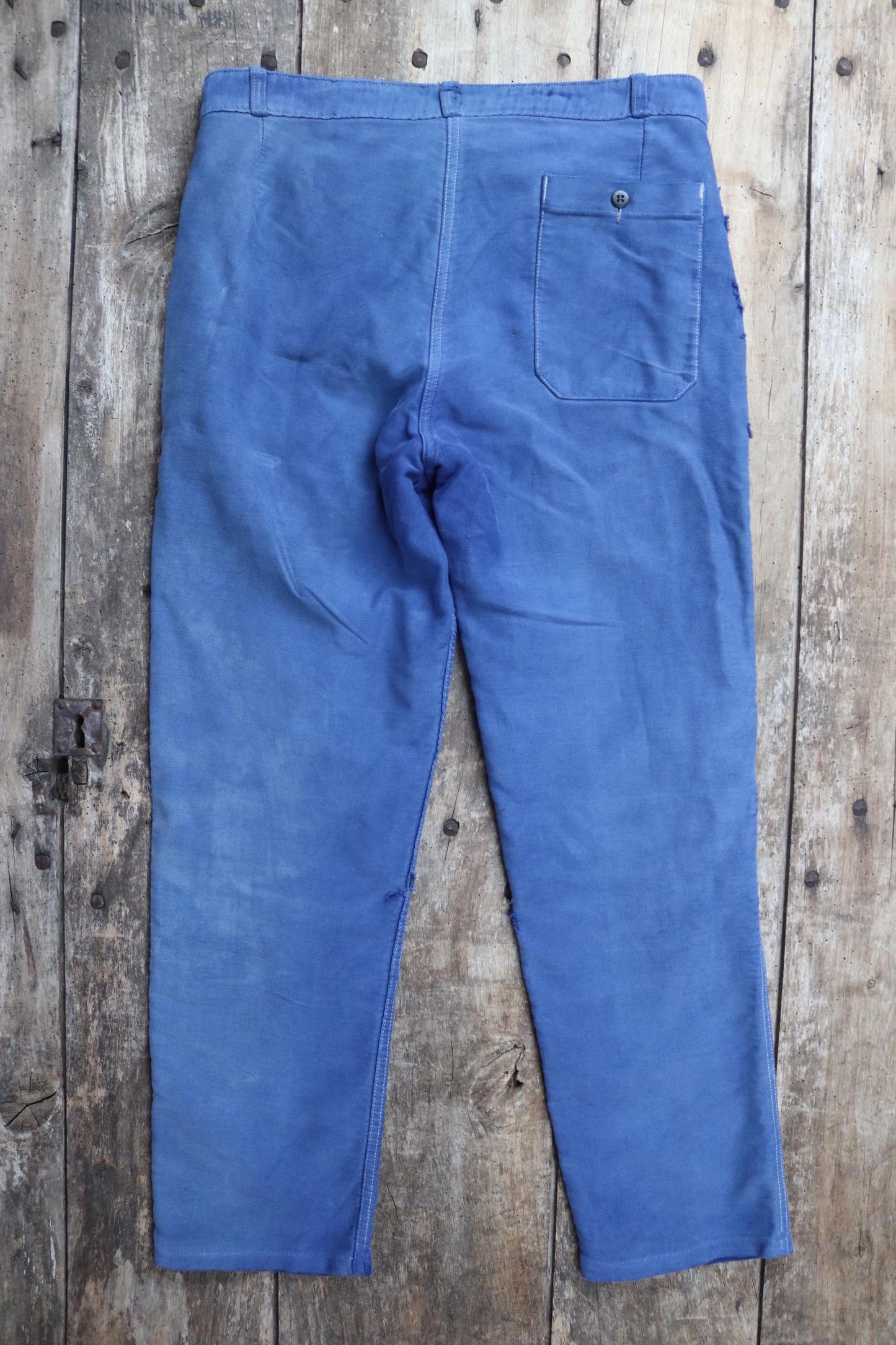Vintage 1970s French workwear trousers - blue moleskin chore pants - darned and repaired - 32” x 28”