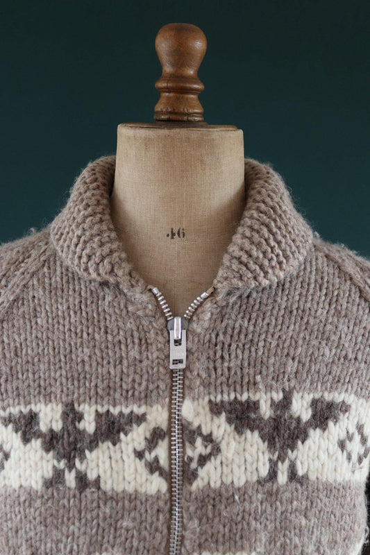Vintage 1970s Cowichan wool cardigan - hand knitted - 1980s chunky winter sweater - 42" chest