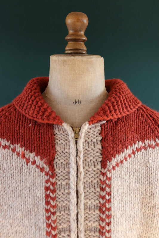Vintage 1960s Cowichan wool sweater - novelty hand knit cardigan - cow design - 46” chest