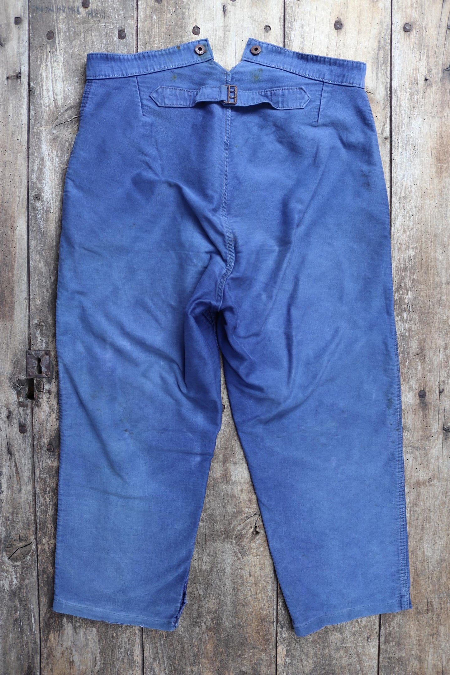 Vintage 1940s French workwear trousers - buckle back chore pants - blue moleskin - 37” x 25”