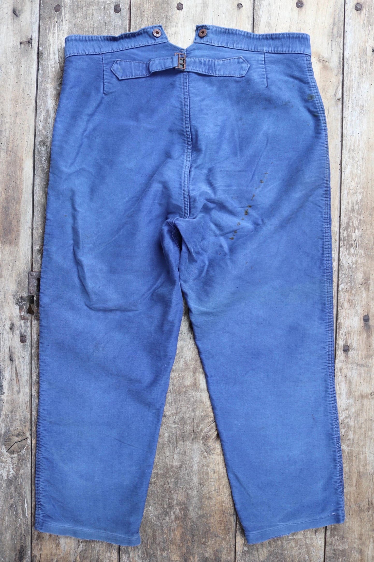 Vintage 1940s French workwear trousers - buckle back chore pants - blue moleskin - 38” x 26”