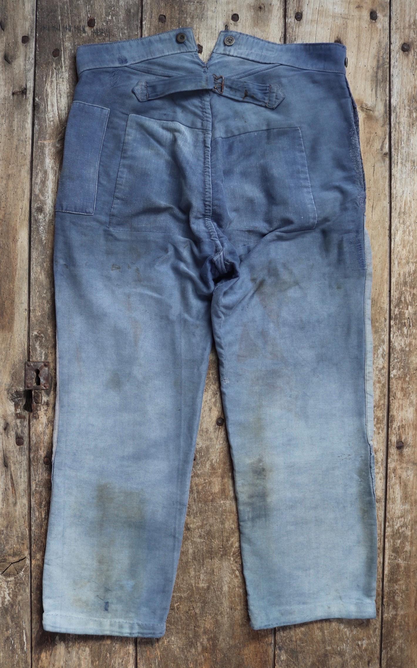 Vintage 1930s French workwear trousers - buckle back chore pants - blue moleskin - darned and repaired - 35” x 26”