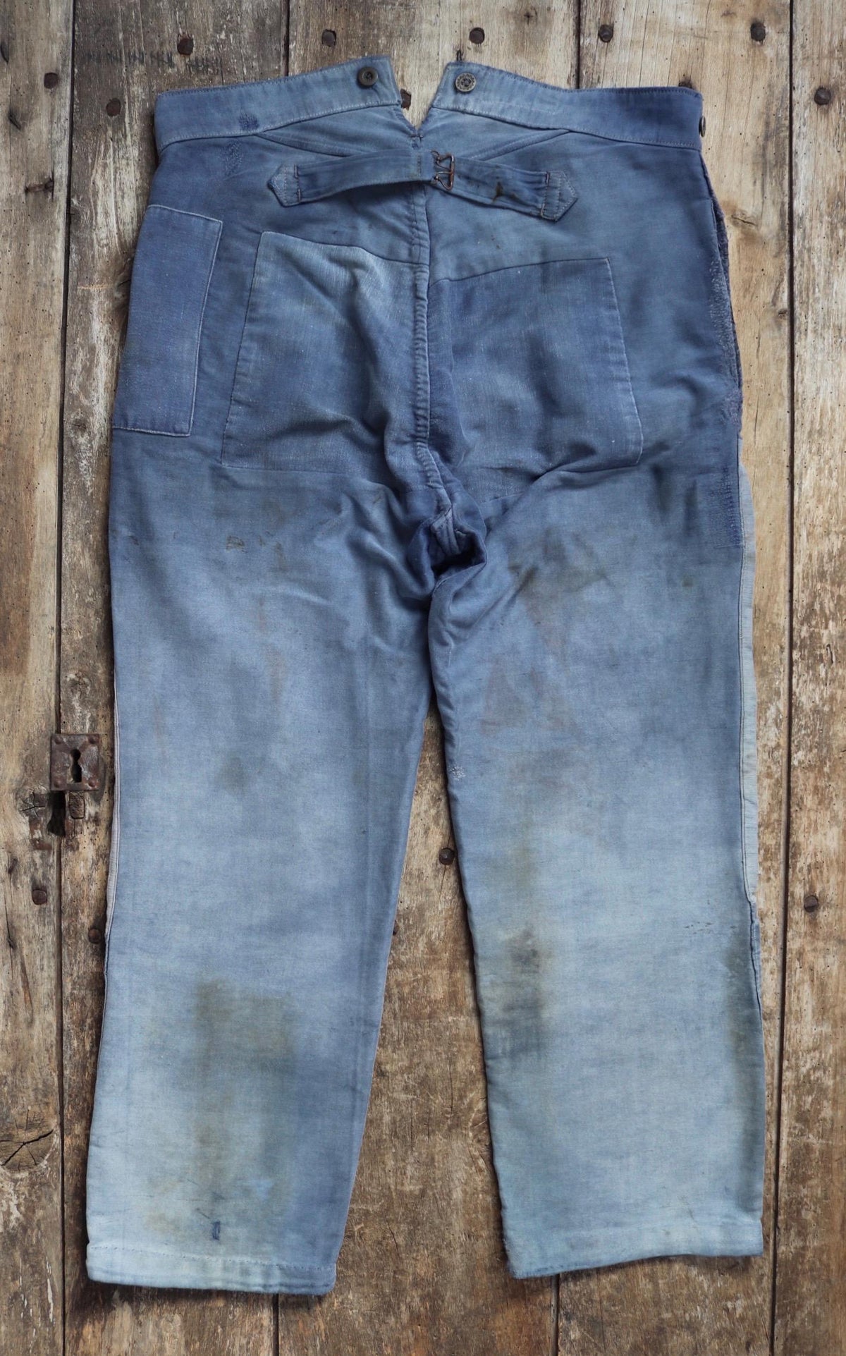 Vintage 1930s French workwear trousers - buckle back chore pants - blue moleskin - darned and repaired - 35” x 26”