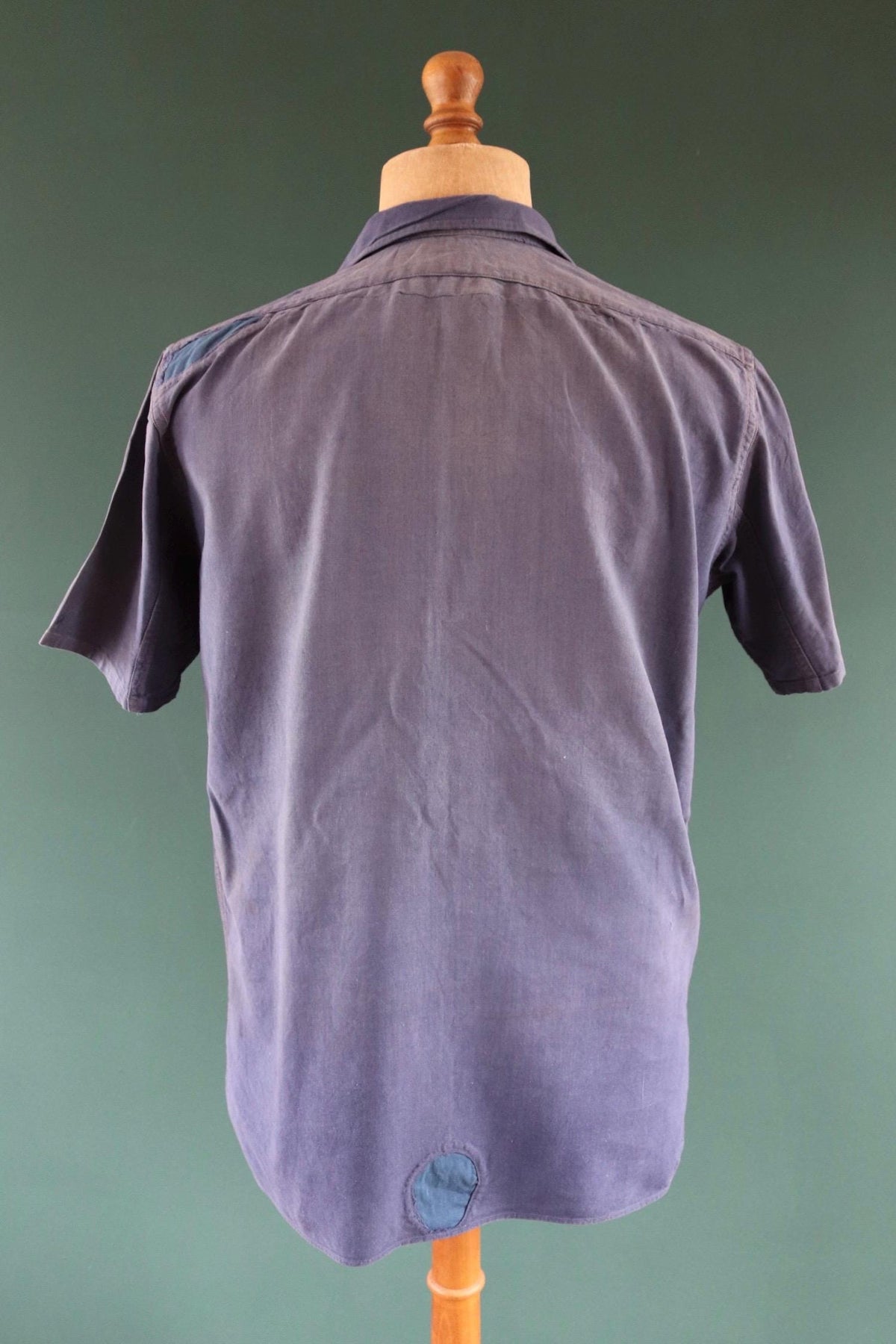 Vintage 1940s French workwear shirt - faded blue chambray cotton - darned and repaired - 46” chest