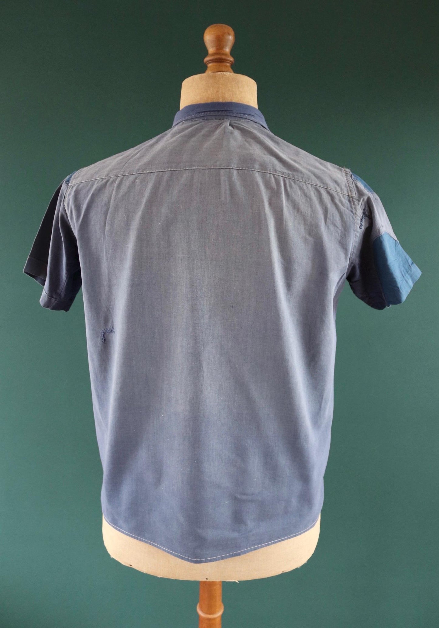 Vintage 1940s French workwear shirt - faded blue chambray cotton - darned and repaired - 43” chest