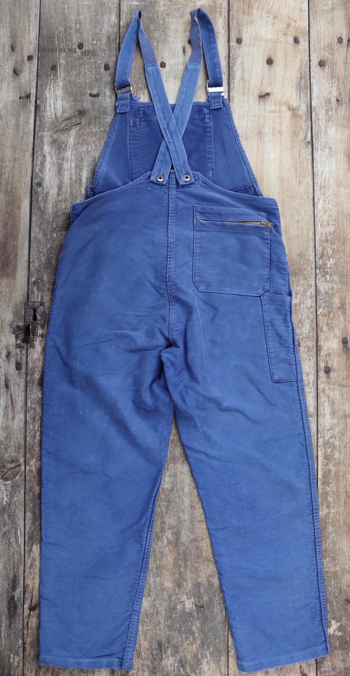 Vintage 1960s French blue moleskin overalls - workwear dungarees - 35” x 27”