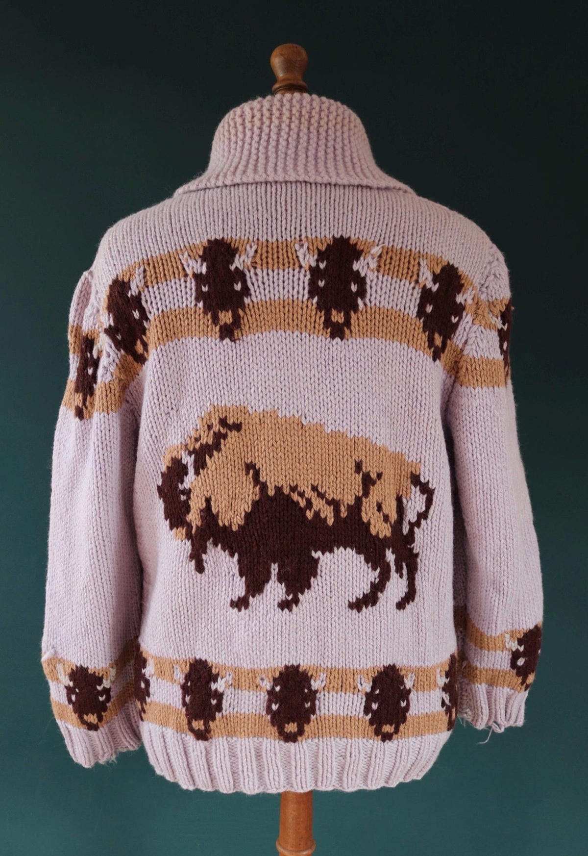 Vintage 1960s Cowichan wool sweater - novelty hand knit cardigan - buffalo design - 44” chest