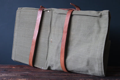 Vintage 1960s 60s leather khaki green cotton canvas European Swiss military army tool roll bag satchel utility field equipment