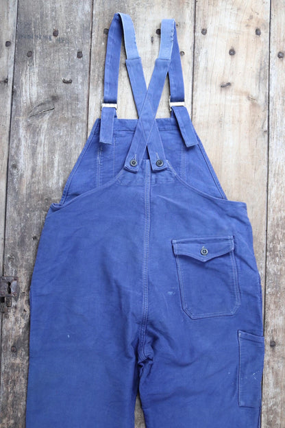 Vintage 1960s 60s French moleskin overalls dungarees workwear work chore bib brace 37” x 28” bleu de travail repaired darned