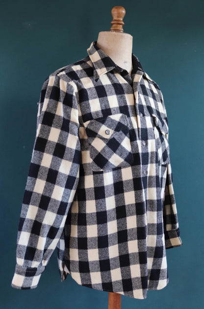 Vintage 1940s 40s 1950s 50s Field Master white black wool buffalo plaid CPO shirt jacket hunting camp 48” chest workwear work camping