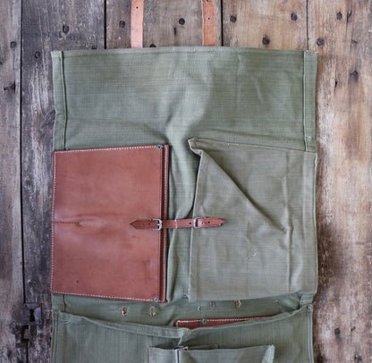 Vintage 1960s 60s leather khaki green cotton canvas European Swiss military army tool roll bag satchel utility field equipment