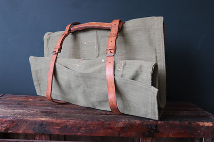Vintage 1960s 60s leather khaki green cotton canvas European Swiss military army tool roll bag satchel utility field equipment