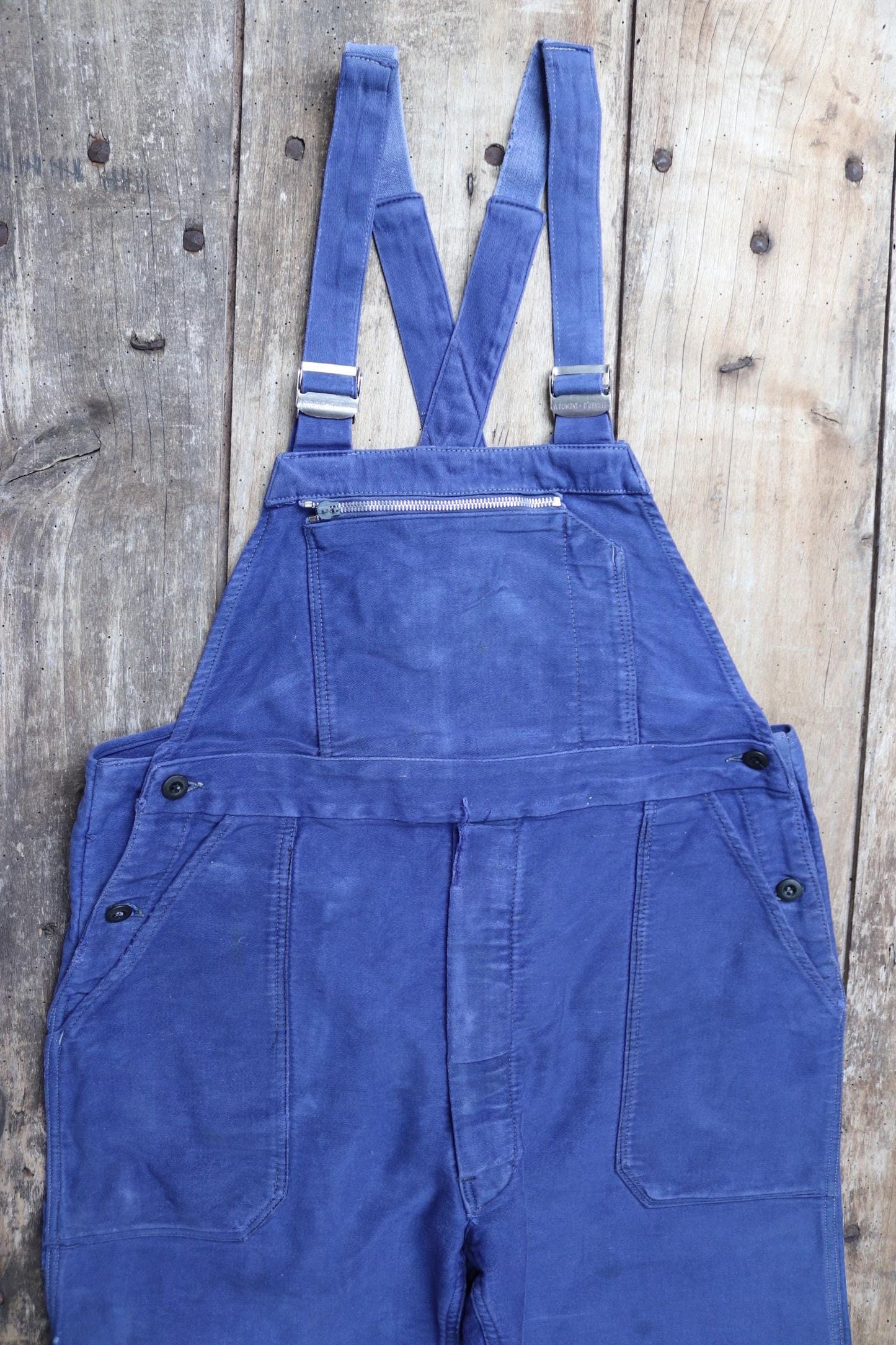 Vintage 1960s 60s French moleskin overalls dungarees workwear work chore bib brace 37” x 28” bleu de travail repaired darned