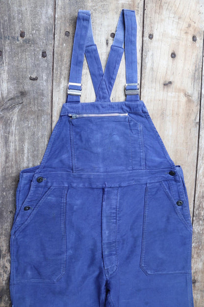 Vintage 1960s 60s French moleskin overalls dungarees workwear work chore bib brace 37” x 28” bleu de travail repaired darned
