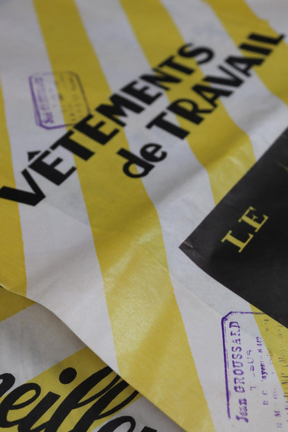 Vintage 1950s French workwear advertising - deadstock paper bag - Le Mont St Michel print art - yellow white stripe - for display