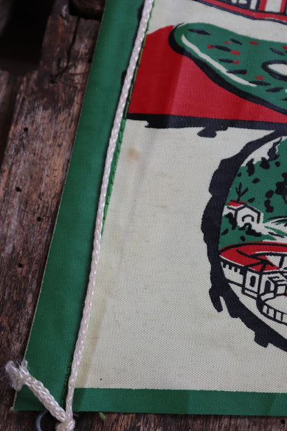 Vintage 1950s home decor Brazilian Santos satin mid century tourist souvenir pennant screen printed print