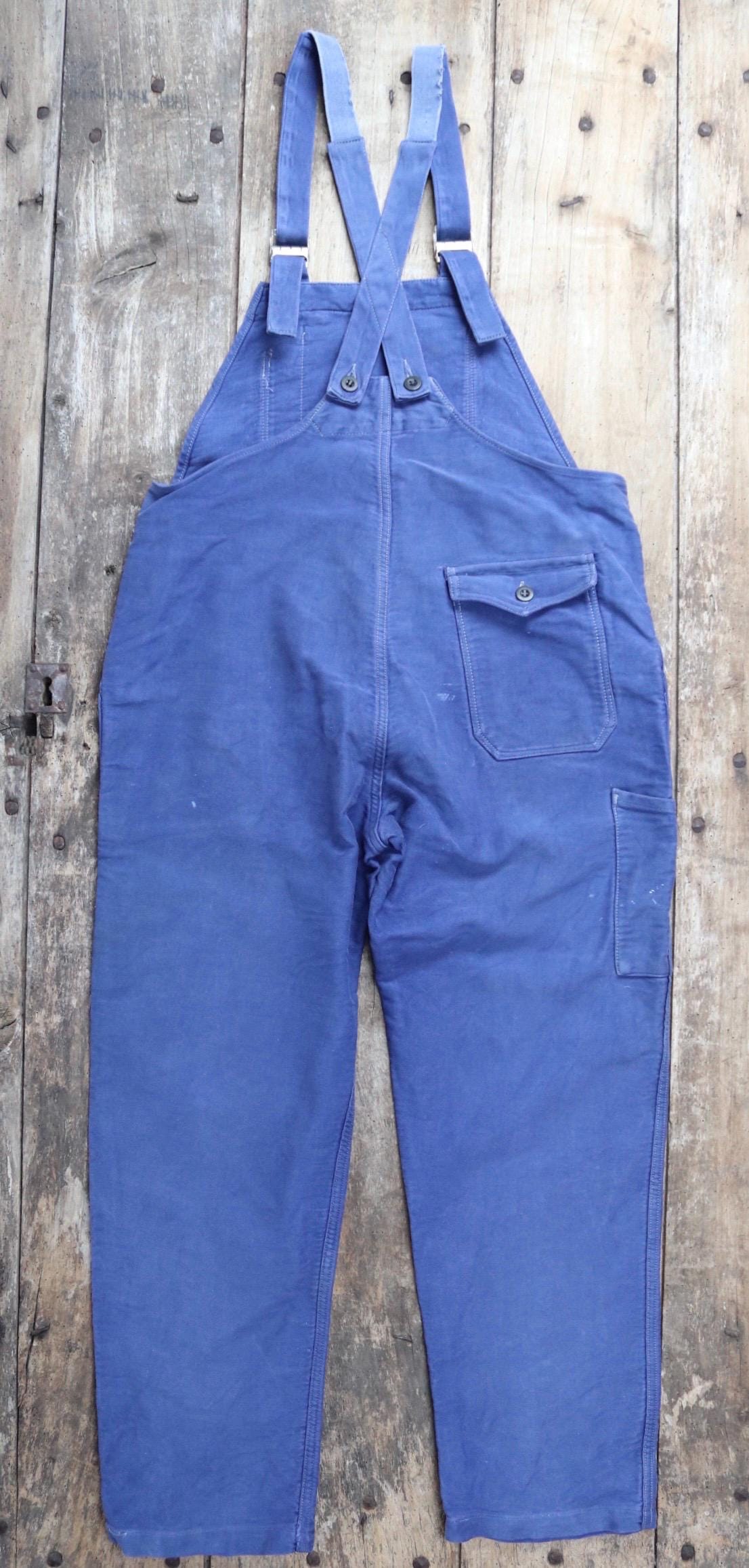 Vintage 1960s 60s French moleskin overalls dungarees workwear work chore bib brace 37” x 28” bleu de travail repaired darned