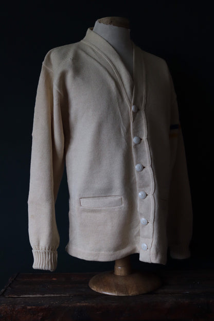 Vintage 1960s 60s American USA cream wool knitted varsity Ivy League style rockabilly mod chenille patch jumper sweater cardigan knitwear