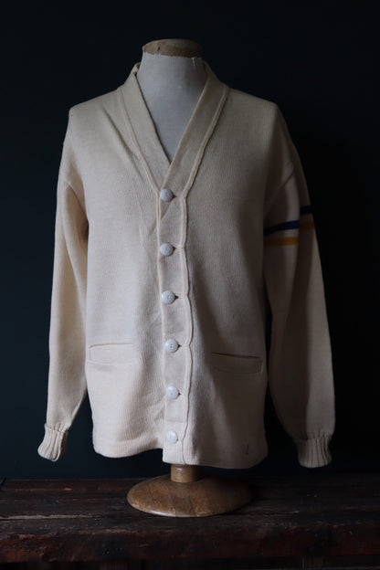 Vintage 1960s 60s American USA cream wool knitted varsity Ivy League style rockabilly mod chenille patch jumper sweater cardigan knitwear