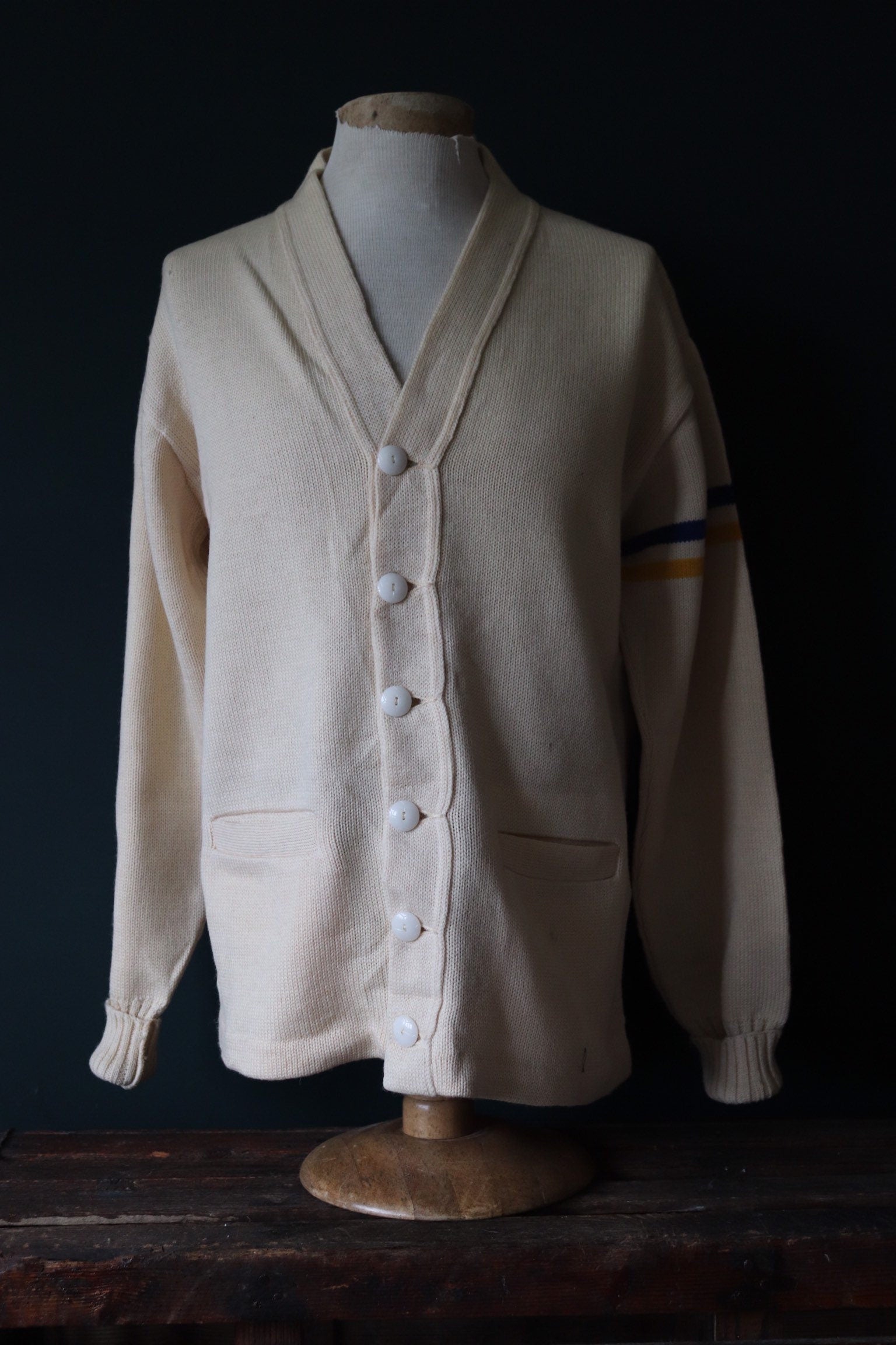 Vintage 1960s wool varsity sweater - American Ivy League - cream knitted cardigan - 44” chest