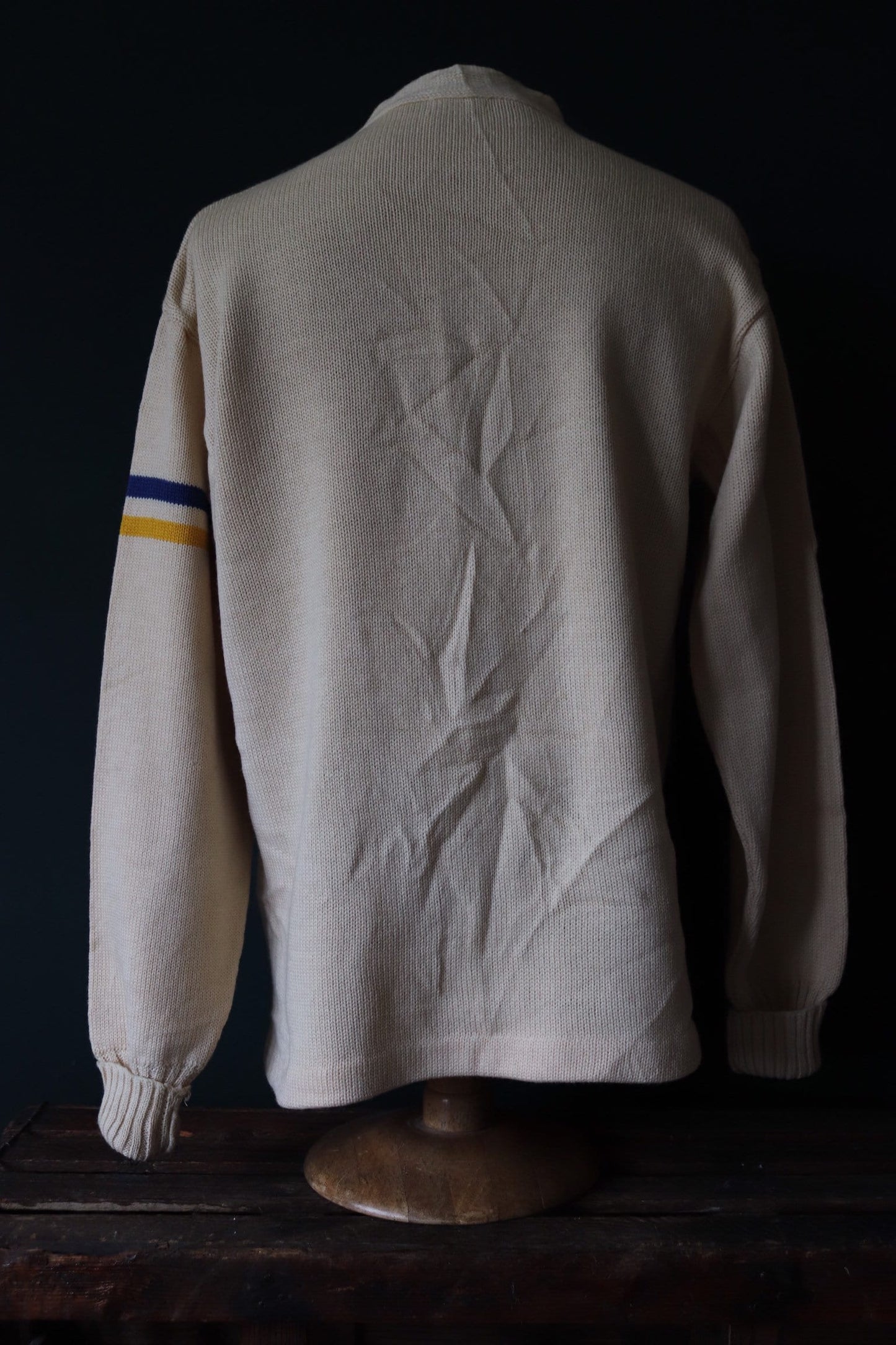 Vintage 1960s 60s American USA cream wool knitted varsity Ivy League style rockabilly mod chenille patch jumper sweater cardigan knitwear