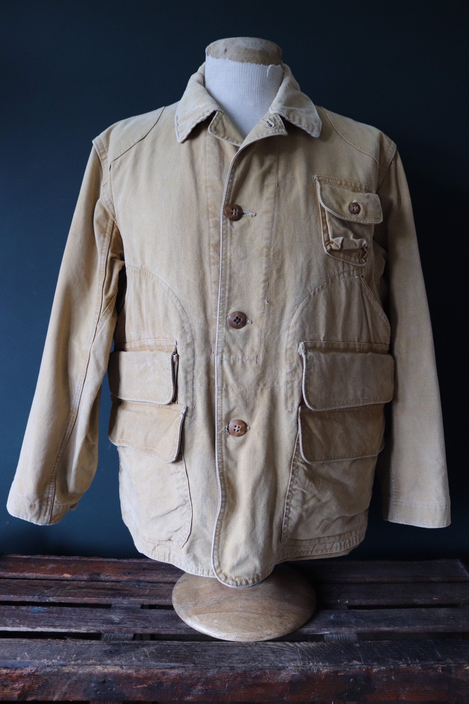 Vintage 1940s 40s tin cloth duck cotton canvas hunting shooting jacket 46” chest Red Head American workwear work chore