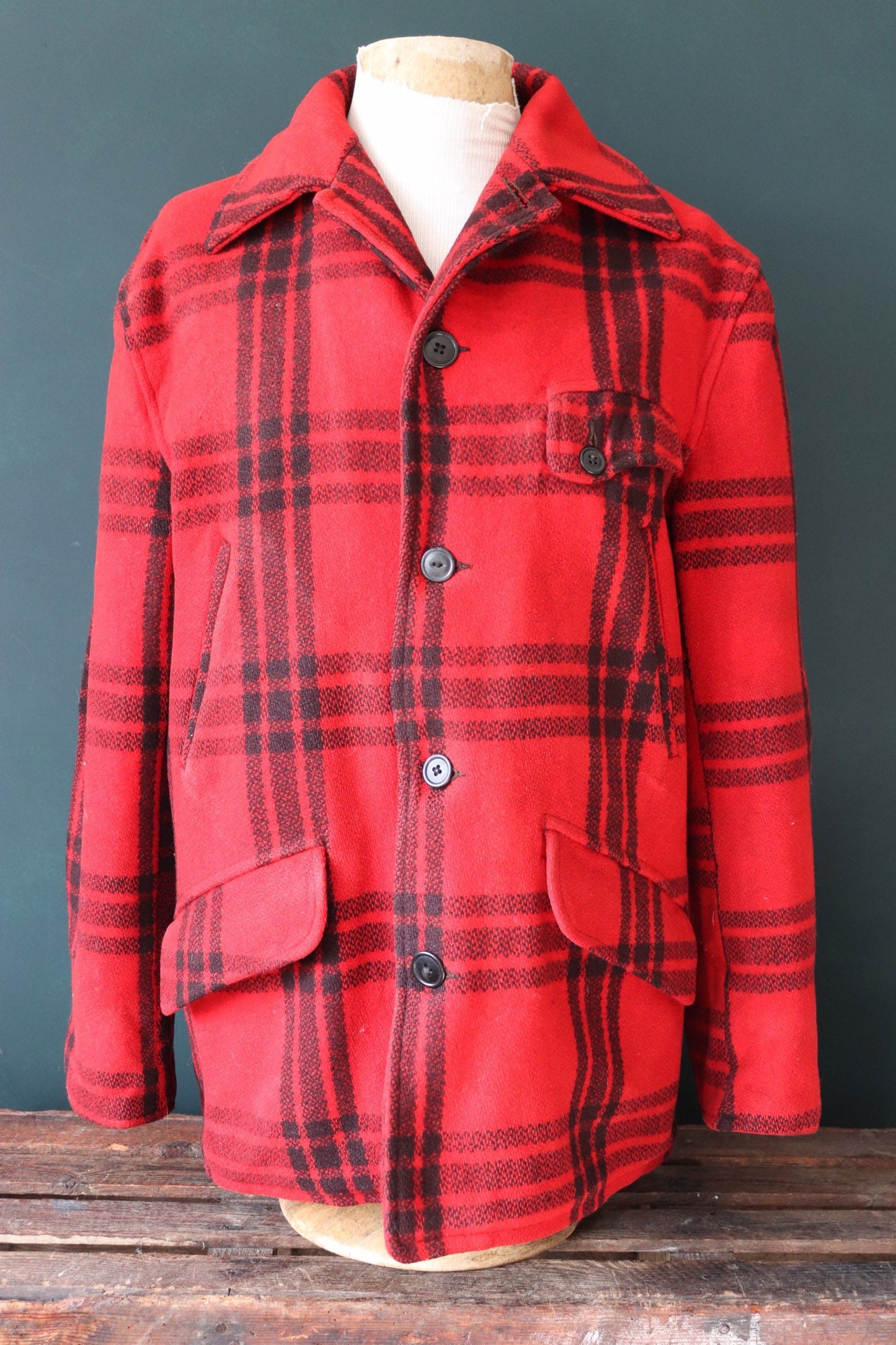 Vintage 1940S 40s 1950s 50s JC Higgins red black buffalo plaid wool checked jacket 48” chest hunting mackinaw