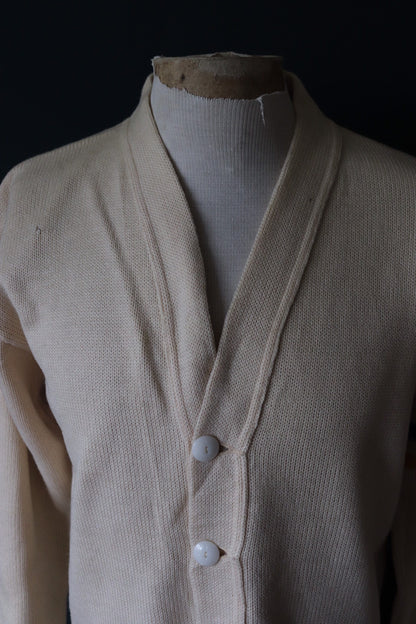 Vintage 1960s 60s American USA cream wool knitted varsity Ivy League style rockabilly mod chenille patch jumper sweater cardigan knitwear