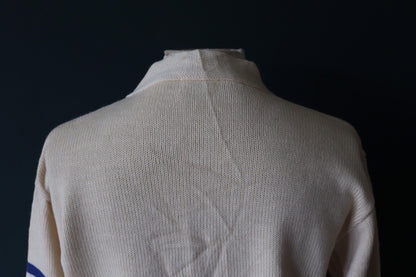 Vintage 1960s 60s American USA cream wool knitted varsity Ivy League style rockabilly mod chenille patch jumper sweater cardigan knitwear