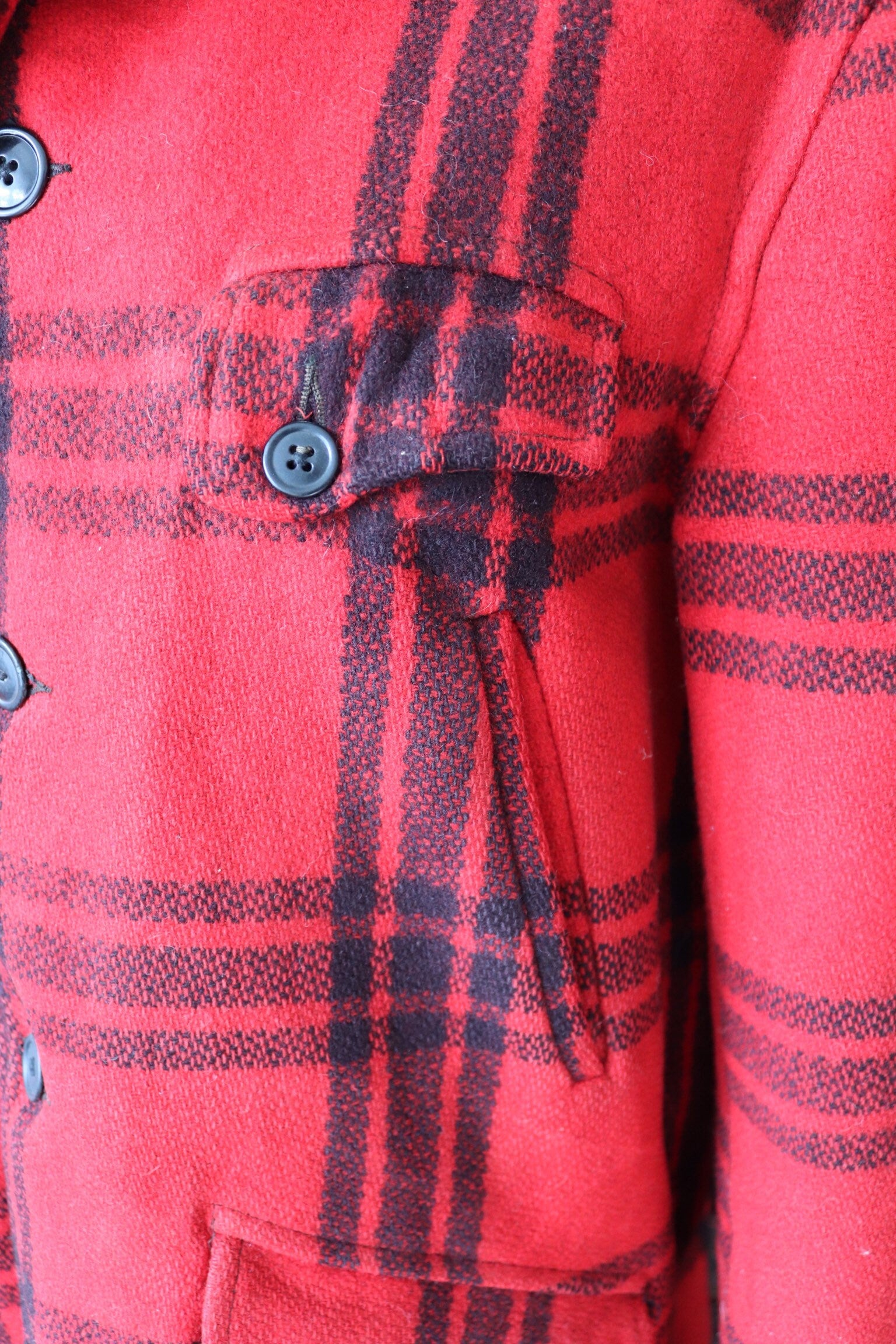 Vintage 1940S 40s 1950s 50s JC Higgins red black buffalo plaid wool checked jacket 48” chest hunting mackinaw