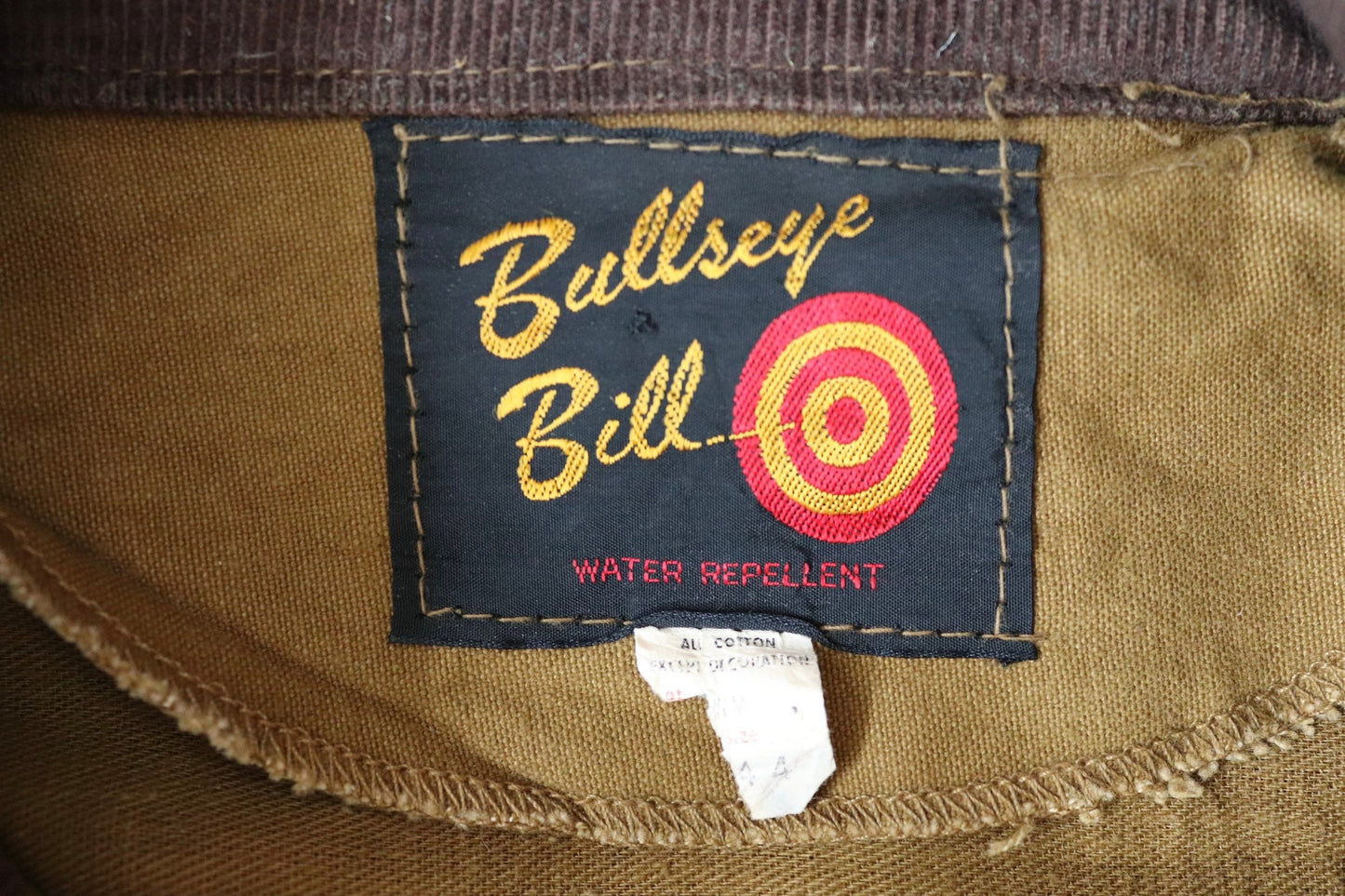 Vintage 1960s 60s Bullseye Bill tan brown duck cotton canvas jacket hunting shooting American Talon zipper 51” chest workwear chore work XL