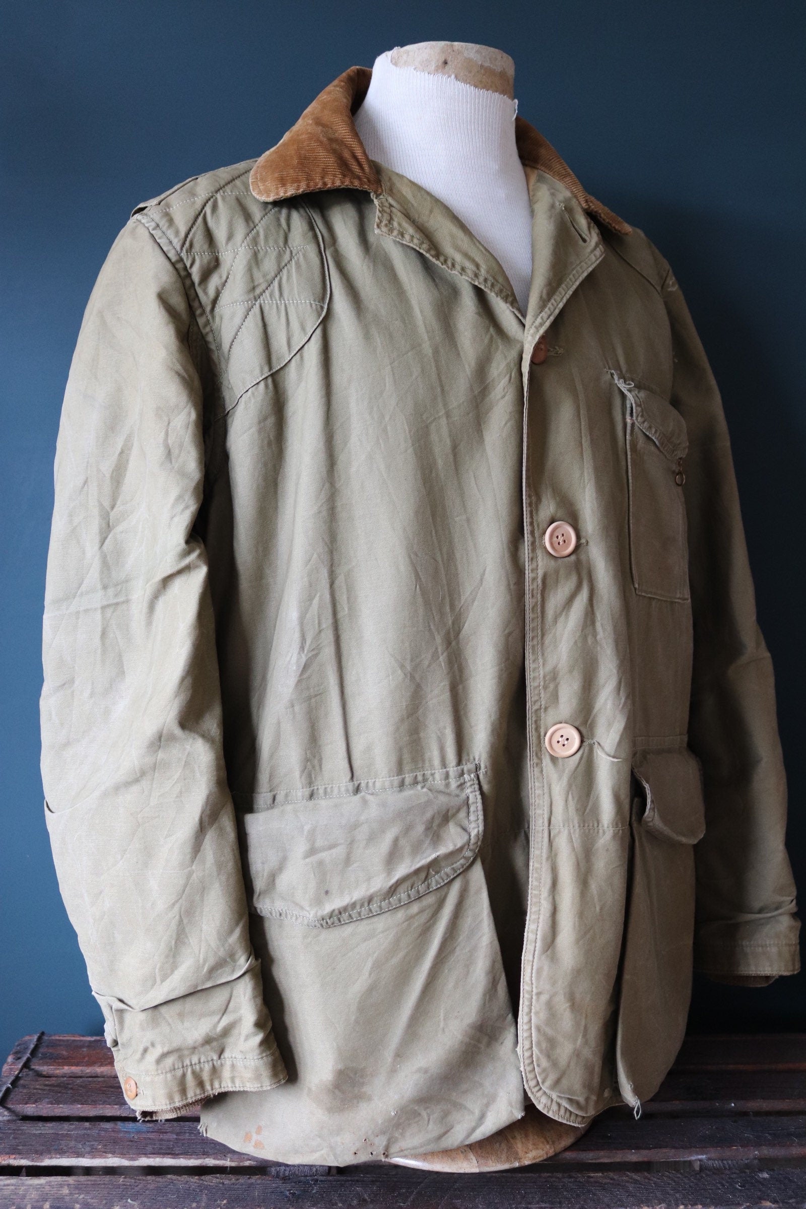 Vintage 1950s workwear jacket - green brown duck cotton canvas - American hunting - Talon zipper - 52” chest