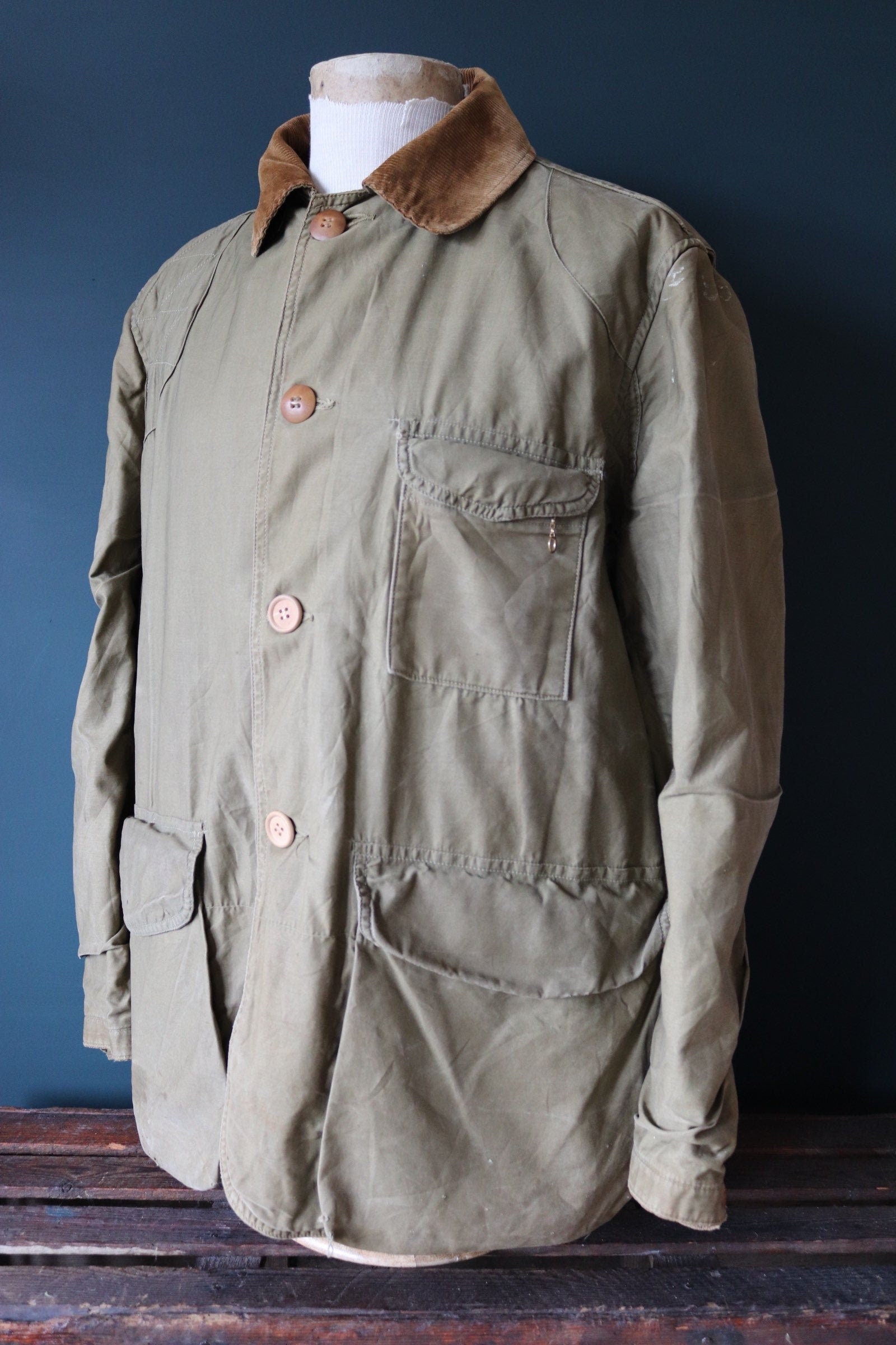 Vintage 1950s 50s Hettrick green brown duck cotton canvas jacket hunting shooting American Talon zipper 52” chest workwear chore work